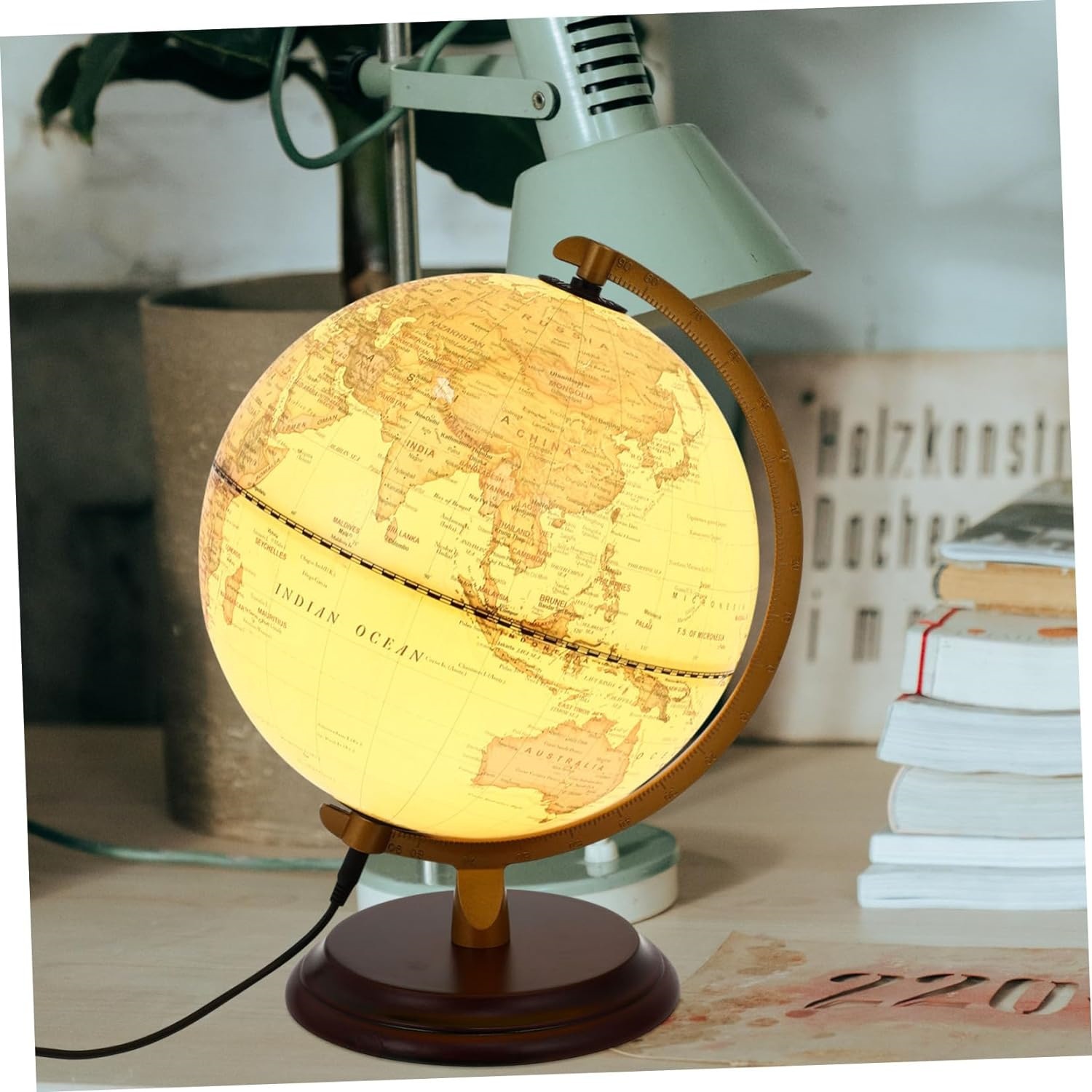 Antique Illuminated World Globe with wooden stand