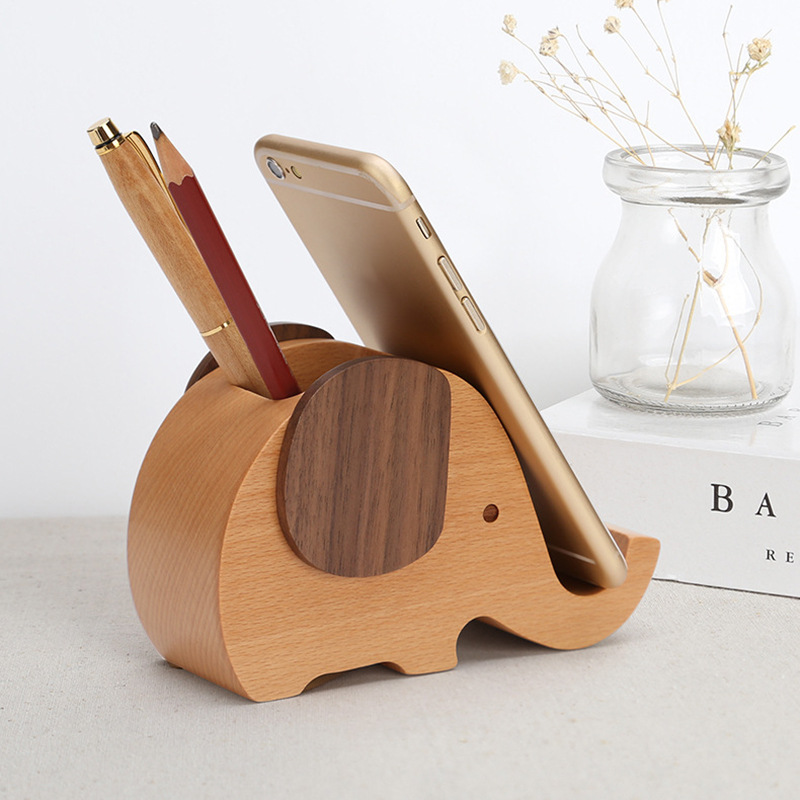 Wooden Elephant Desk Pen Holder