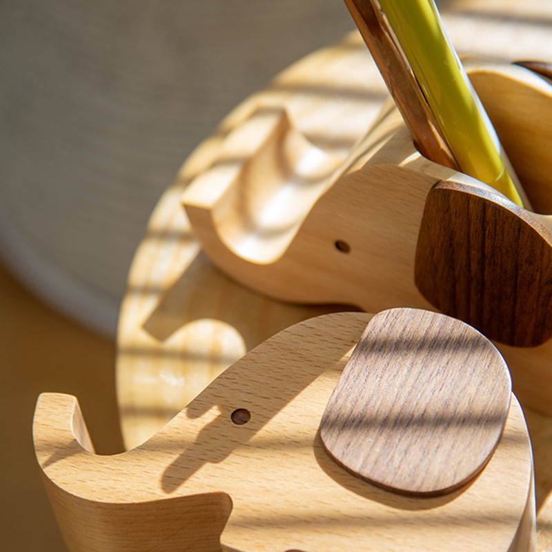 Wooden Elephant Desk Pen Holder