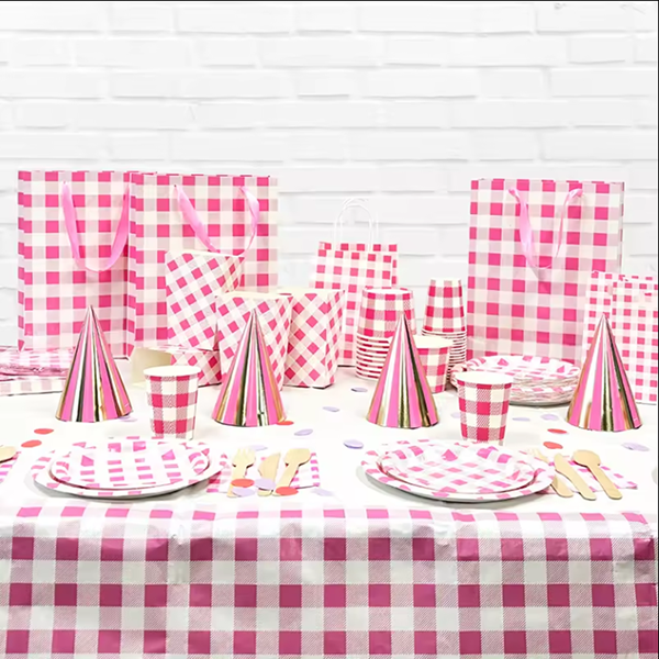 Pink Gingham Paper Table Cover