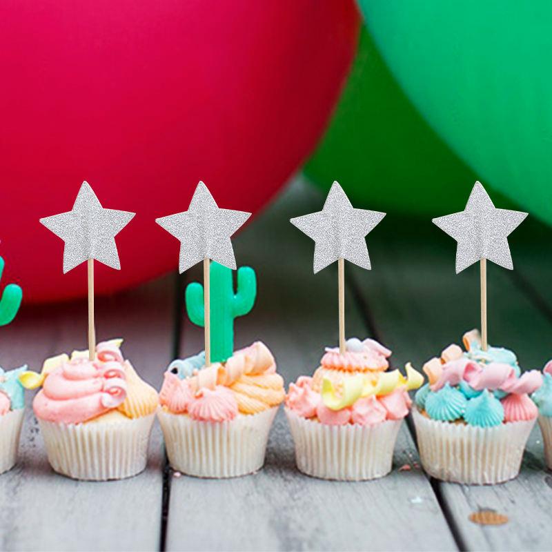 Cupcake Toppers Silver Stars 20 Pcs