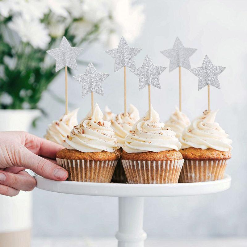 Cupcake Toppers Silver Stars 20 Pcs