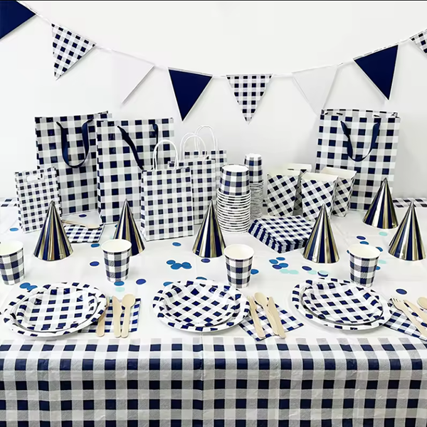 Blue Gingham Paper Table Cover