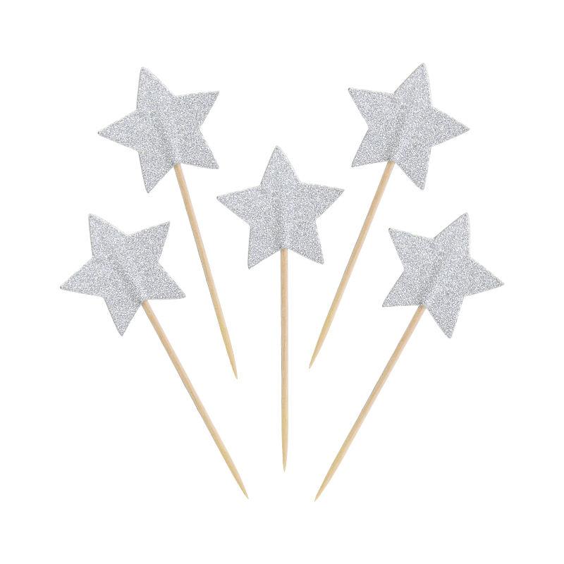 Cupcake Toppers Silver Stars 20 Pcs